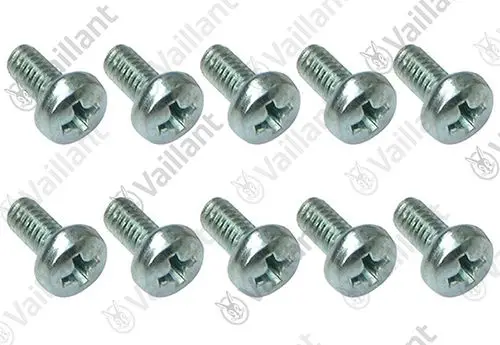Zehn Schrauben von Vaillant in einem Bild angeordnet, mit zylindrischen Köpfen und Kreuzschlitz-Antrieb, aus Metall gefertigt.